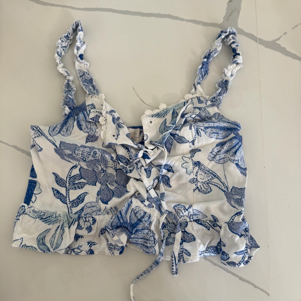 Floral Blue and White Women's Top Urban Outfitters